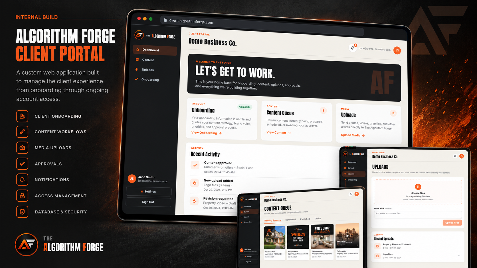 Algorithm Forge client platform showing dashboard, content workflow, uploads, approvals, and account management